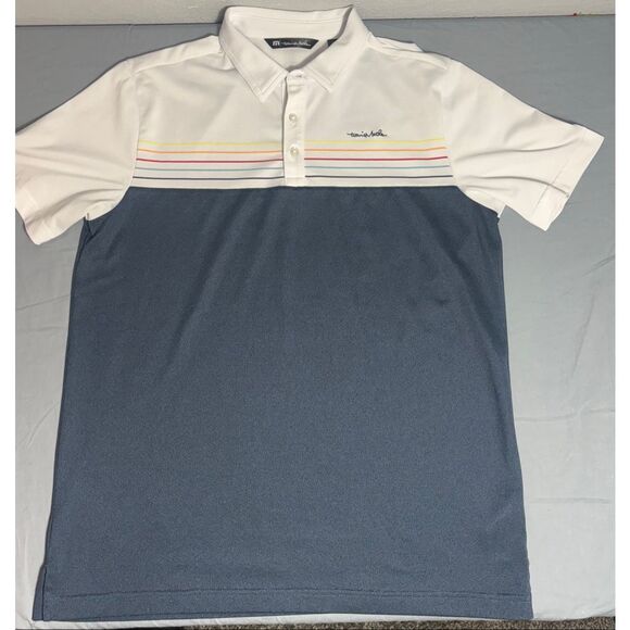 Travis Mathew Polo Shirt Mens Medium White Rainbow Striped Golf Performance - Picture 4 of 8
